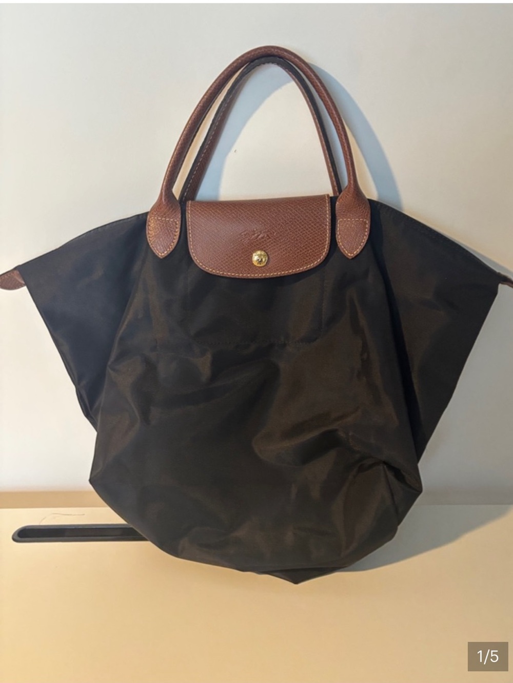 Longchamp Le Pliage Medium Black Tote with Brown Trim